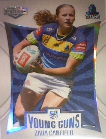 Zara Canfield from the Young Guns insert series of 2022 NRL Elite trading cards.