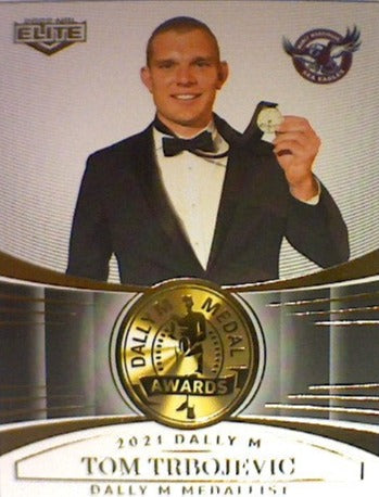 Tom Trbojevic from the 2021 Dally M Awards insert series of 2022 NRL Elite trading cards.
