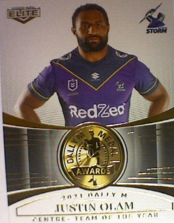 Justin Olam from the 2021 Dally M Awards insert series of 2022 NRL Elite trading cards.