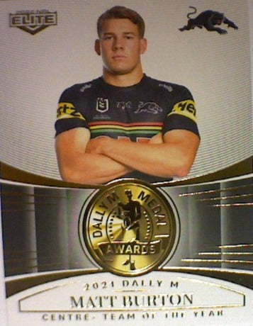 Matt Burton from the 2021 Dally M Awards insert series of 2022 NRL Elite trading cards.