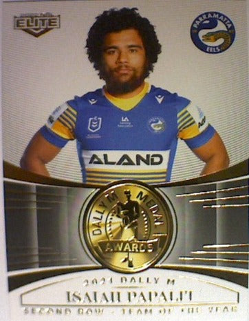 Isaiah Papali'i from the 2021 Dally M Awards insert series of 2022 NRL Elite trading cards.
