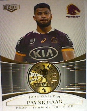 Payne Haas from the 2021 Dally M Awards insert series of 2022 NRL Elite trading cards.