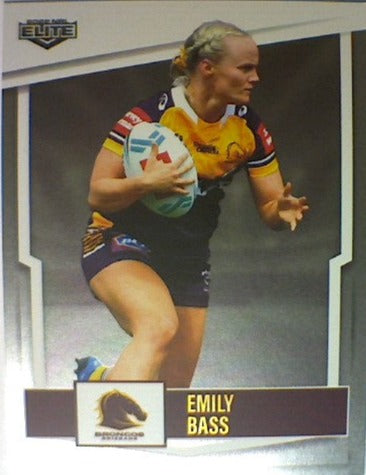 Emily Bass of the Brisbane Broncos from the NRLW insert series of 2022 NRL Elite trading cards.