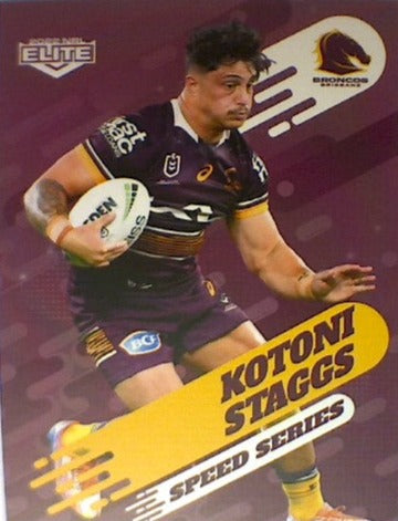 Kotoni Staggs of the Brisbane Broncos Speed Series card from the 2022 NRL Elite trading card release.