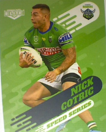 Nick Cotric of the Canberra Raiders Speed Series card from the 2022 NRL Elite trading card release.
