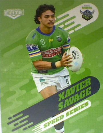 Xavier Savage of the Canberra Raiders Speed Series card from the 2022 NRL Elite trading card release.