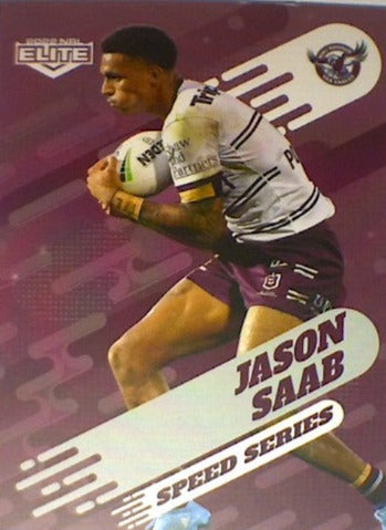Jason Saab of the Manly Warringah Sea-Eagles Speed Series card from the 2022 NRL Elite trading card release.