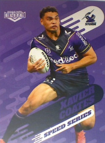 Xavier Coates of the Melbourne Storm Speed Series card from the 2022 NRL Elite trading card release.