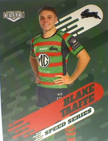 Blake Taaffe of the South Sydney Rabbitohs Speed Series card from the 2022 NRL Elite trading card release.