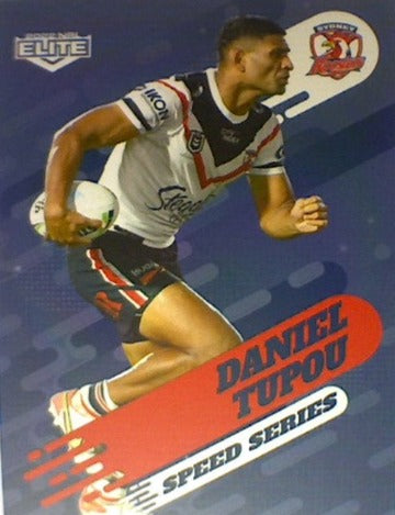 Daniel Tupou of the Sydney City Roosters Speed Series card from the 2022 NRL Elite trading card release.