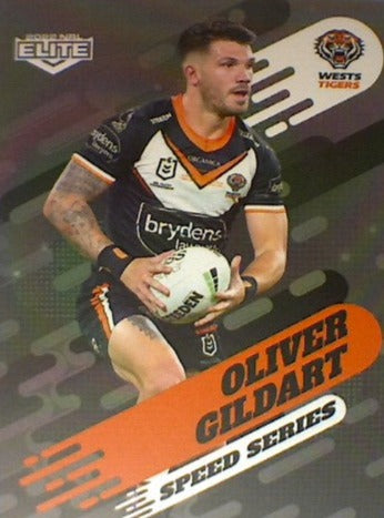 Oliver Gildart of the Wests Tigers Speed Series card from the 2022 NRL Elite trading card release.