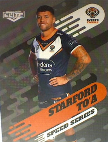 Starford To'a of the Wests Tigers Speed Series card from the 2022 NRL Elite trading card release.