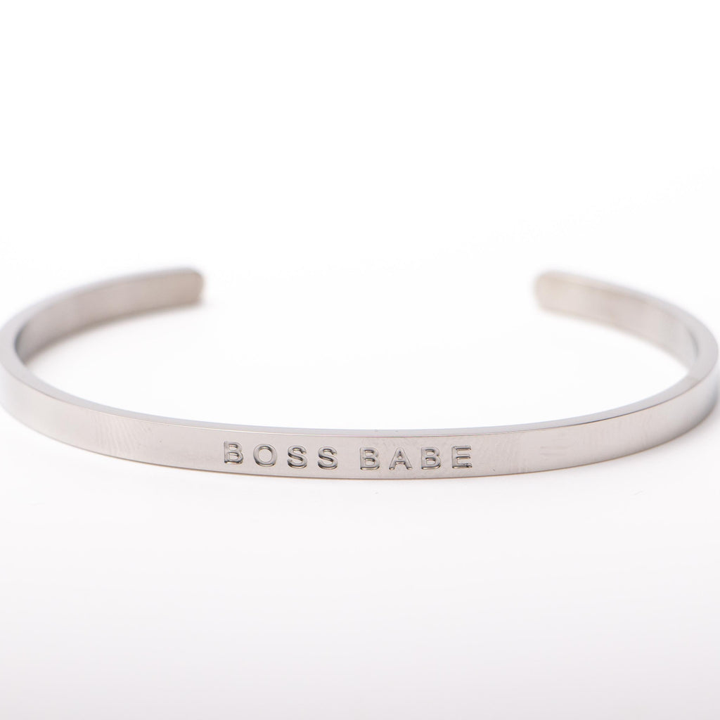 Fierce.One stainless steel bangle with the phrase "Boss Babe".