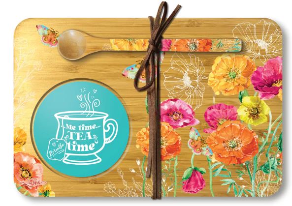 Bamboo Tea Time Tray with Spoon - Bright Poppies - 21cm x 14cm - Lisa Pollock