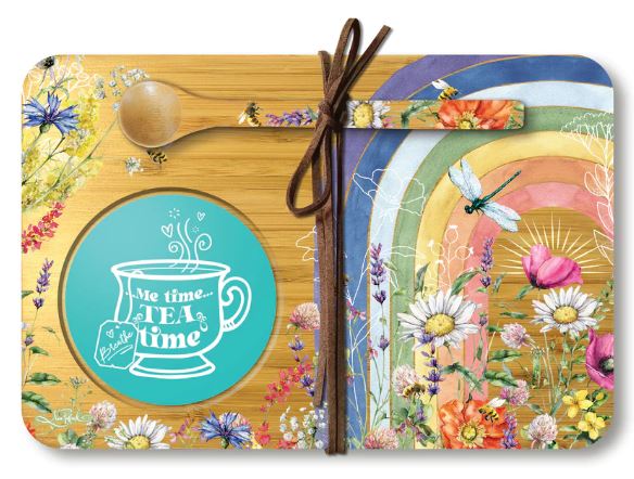 Bamboo Tea Time Tray with Spoon - Wildflower Rain - 21cm x 14cm - Lisa Pollock
