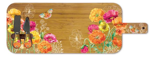 Bamboo Serving Platter W/Matching Knives - Bright Poppies