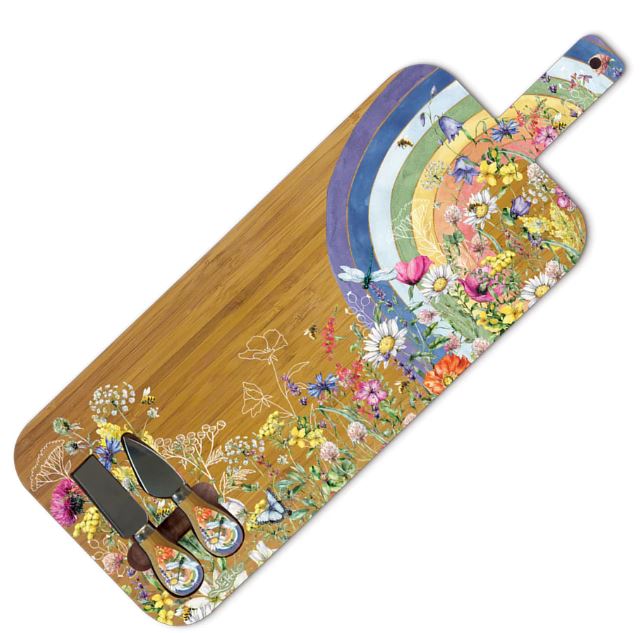 Bamboo Serving Platter W/Matching Knives - Wildflower Rainbow