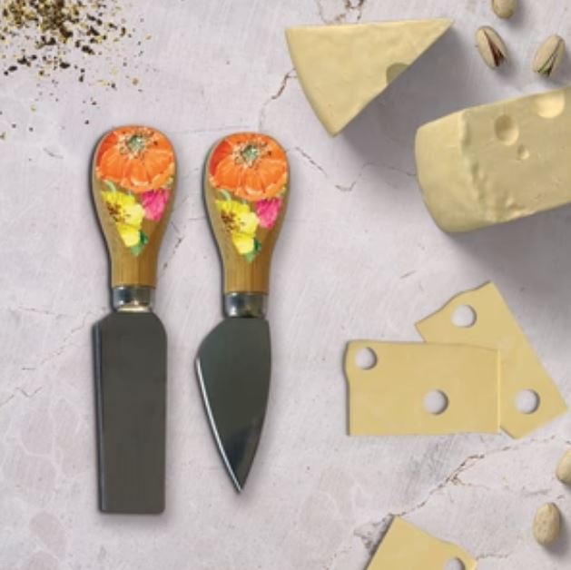 Cheese Knives 2 Set W/Bamboo Handles - Bright Poppies - Lisa Pollock