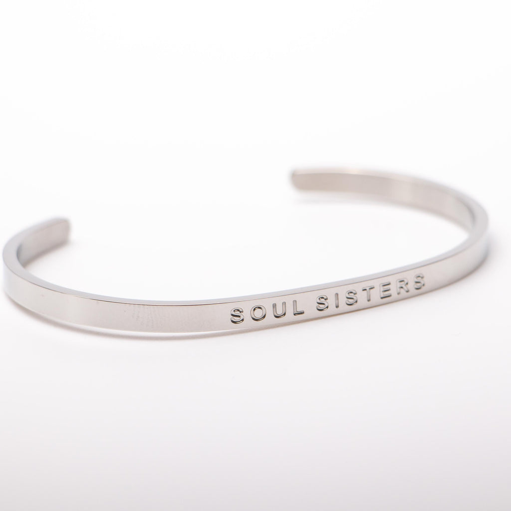 Fierce.One stainless steel bangle with phrase "Soul Sisters".