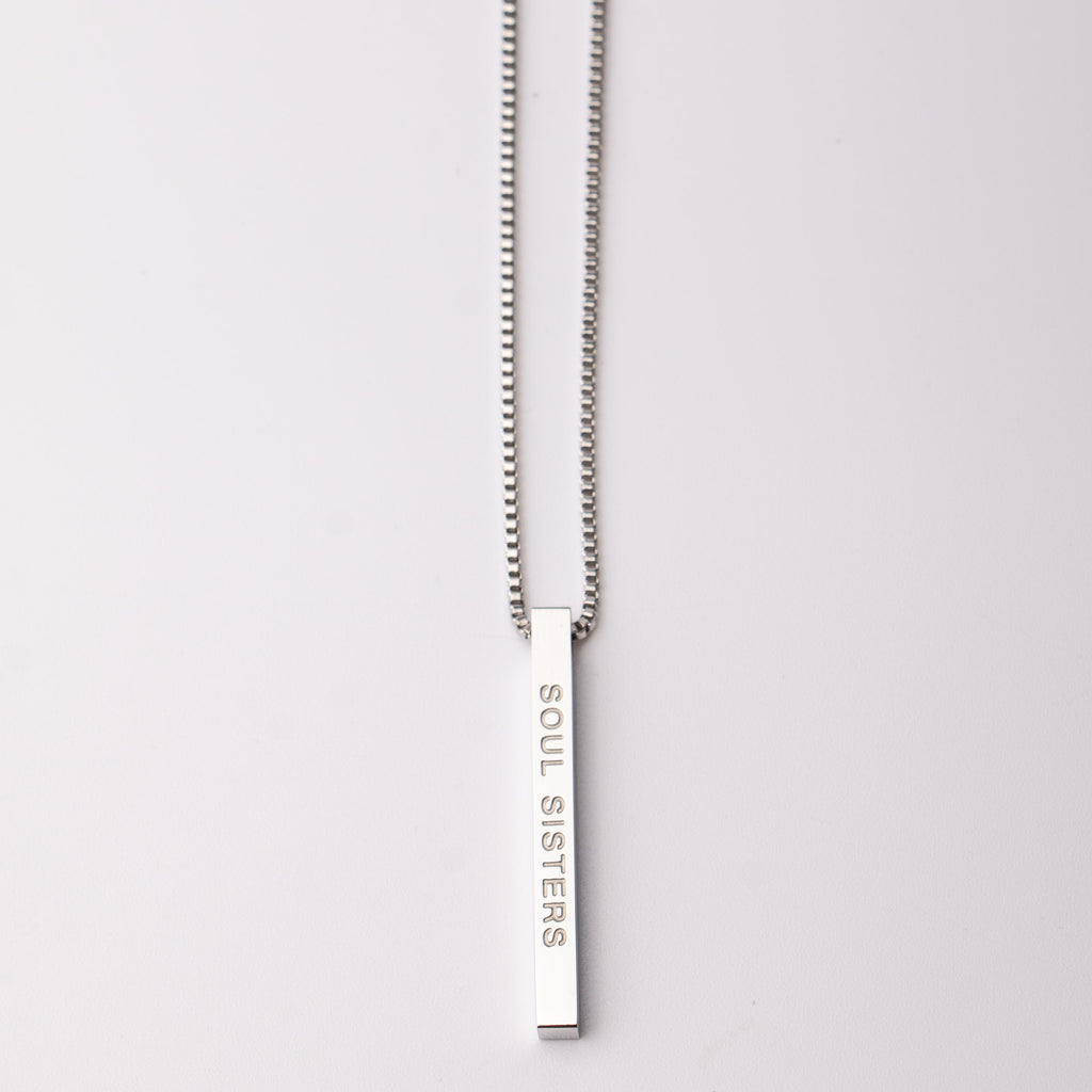Fierce.One stainless steel bar pendant necklace with phrase "Soul Sisters."