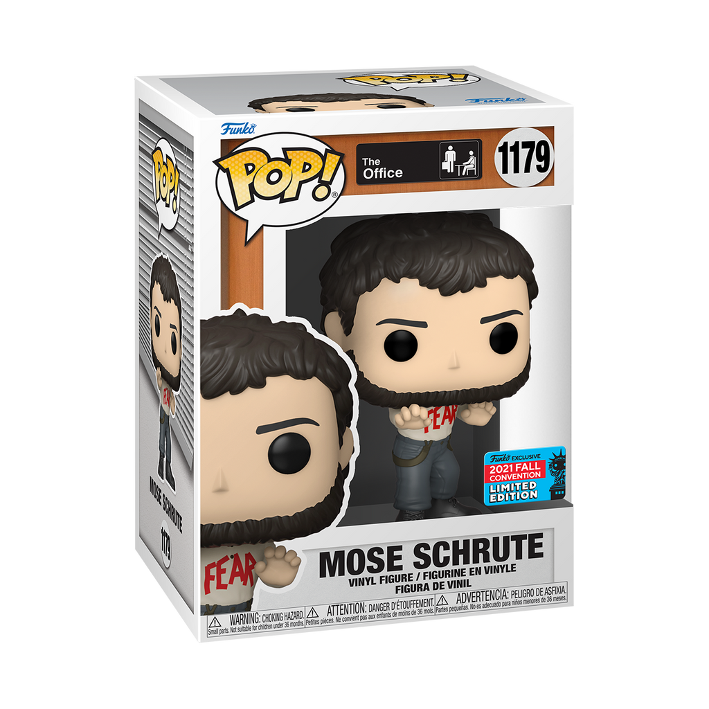 Funko Pop! Vinyl figure of The Office character Mose Schrute with Fear shirt from the NYCC21.